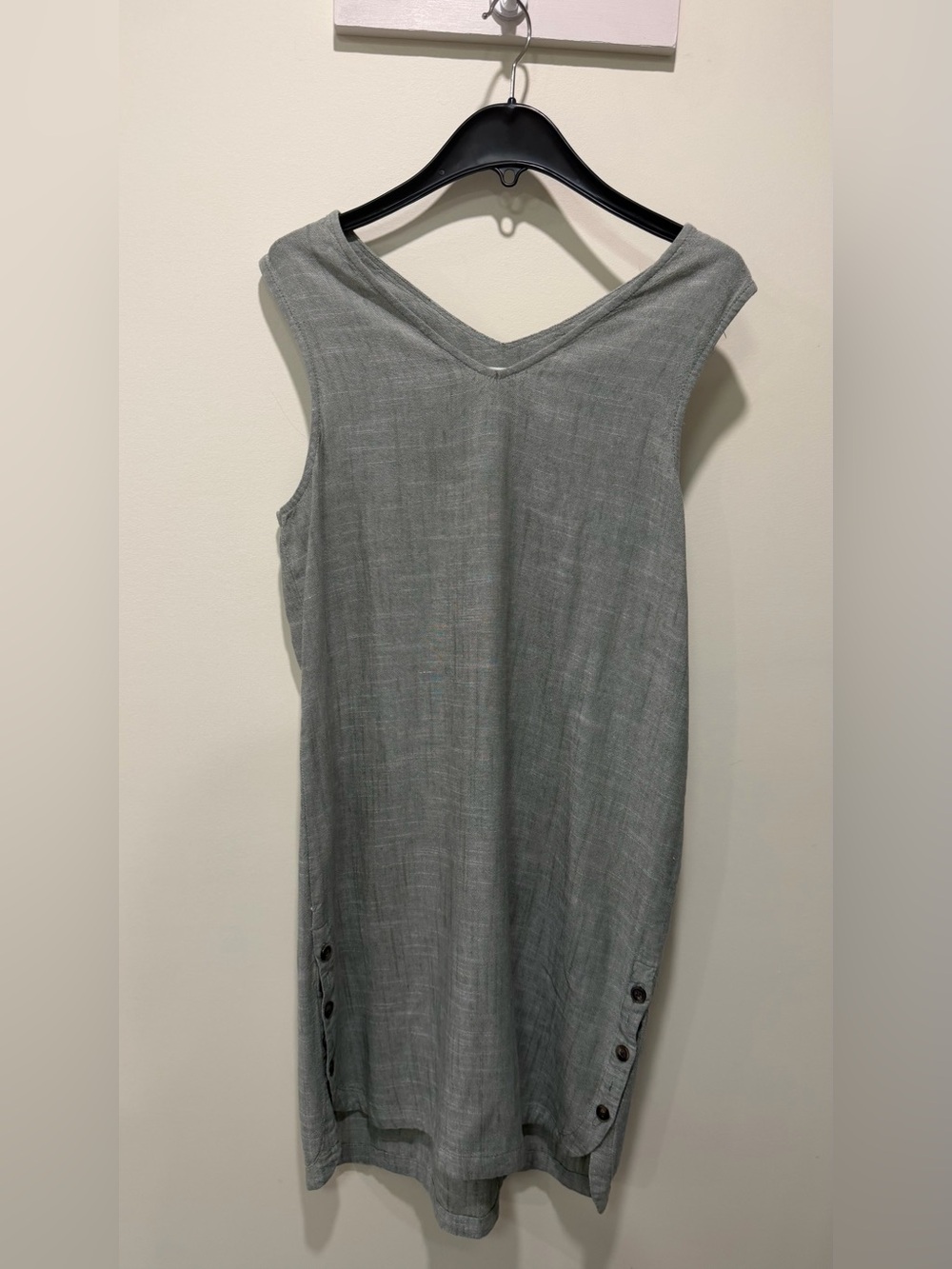 DKR & Company Sleeveless V-Neck Button Hem Linen Dress in Sage Green